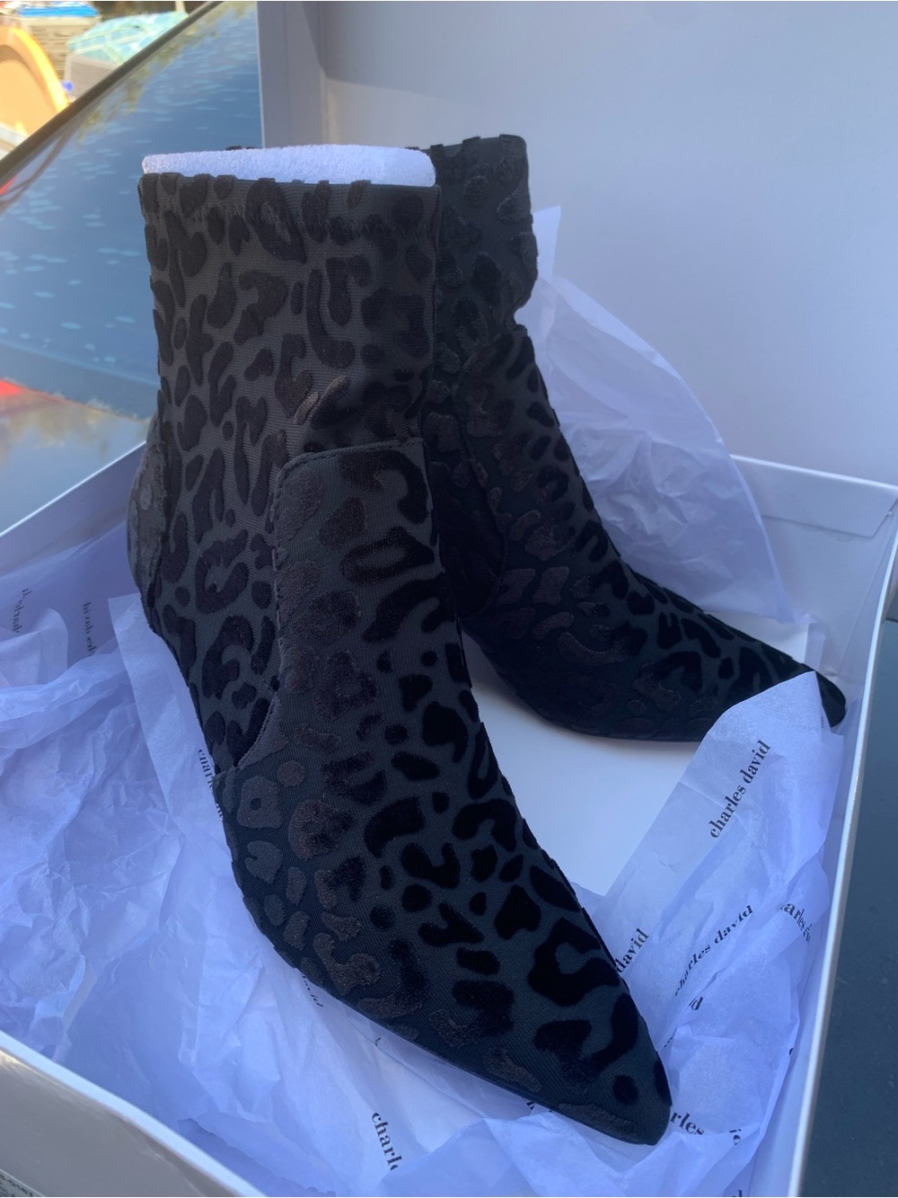 New in Box Charles David Black Ankle Booties Leopard print